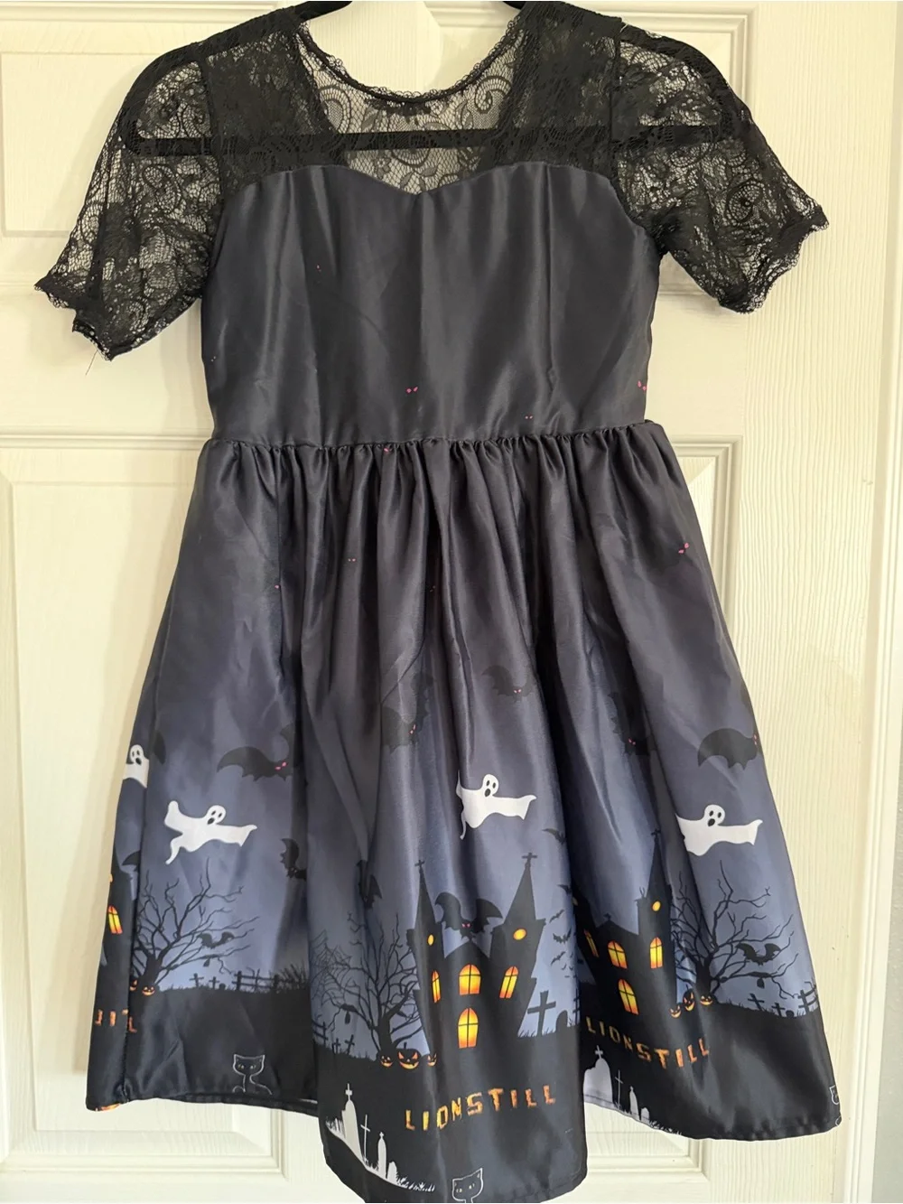 Girls' Black Halloween Ghost Dress with Lace Bodice